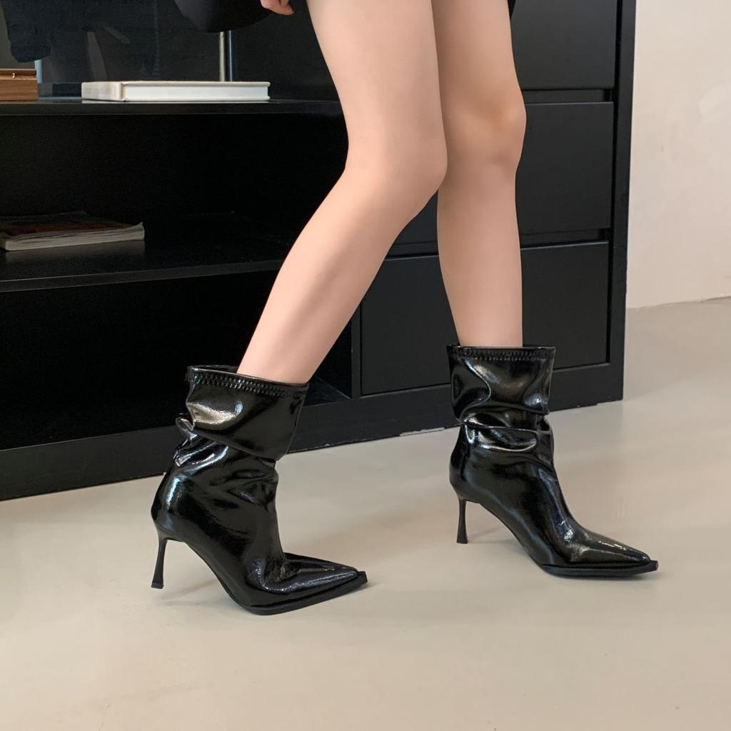 Fashion Temperament High-end Good-looking High-heeled Short Boots Women's 2025 Autumn and Winter New Pointed-toed Mid-tube Boots Thin-heeled Stacked