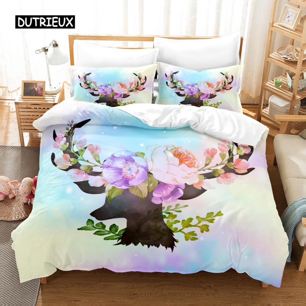 Elch Bettbezug Set Tier Rentier Bettwäsche Set für Kinder Hirsch Tiermotiv für Kind Jugendliche Doppel Queen King Polyester Steppdeckenbezug