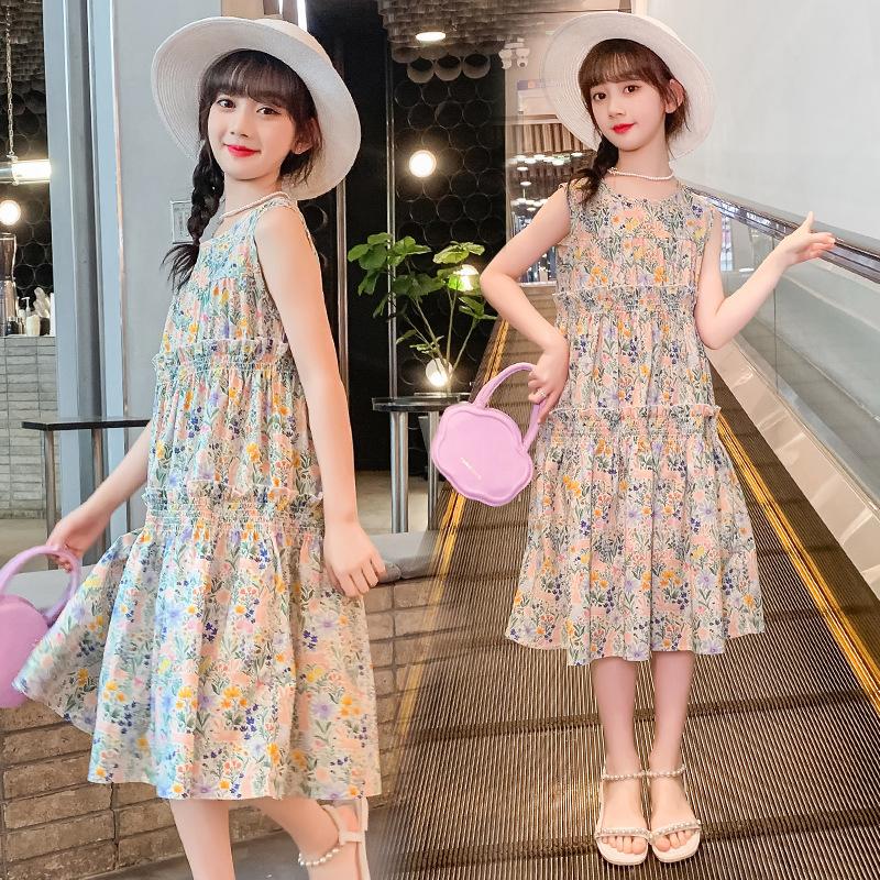 Girls' Summer Cotton Sleeveless Dress Pure Cotton Floral Vest Dress Forest Tie Suspender Dress