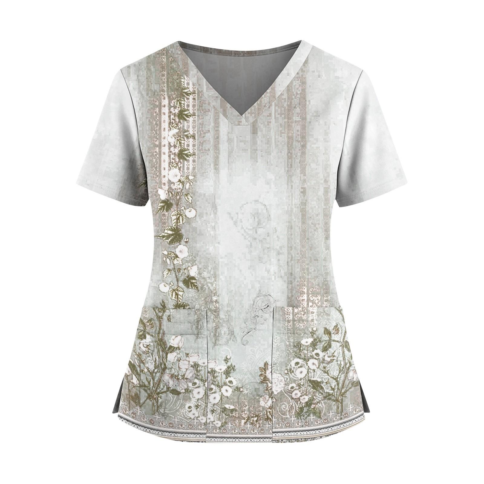 

Женская модная рубашка с принтом, V-образным вырезом, двойным карманом, короткими рукавами и разрезами по подолу, униформа и рабочая блузка M
