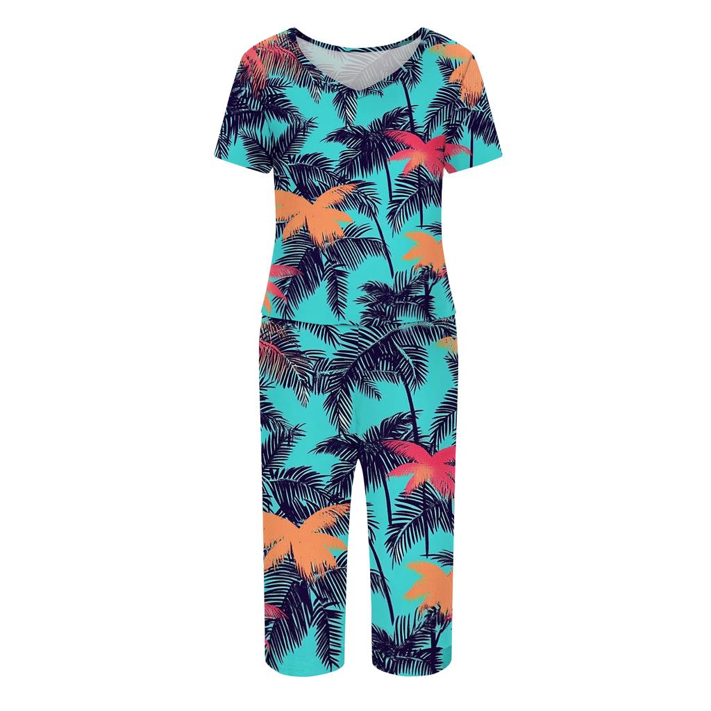 2 Piece Sets For Women Short Sleeve Top And Pants With Pockets Workout Soft Print Sets