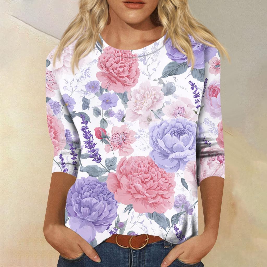 Women’s Crew Neck 3/4 Sleeve Casual Top with Floral Print Lightweight Pullover Loose Fit Blouse for Everyday Wear