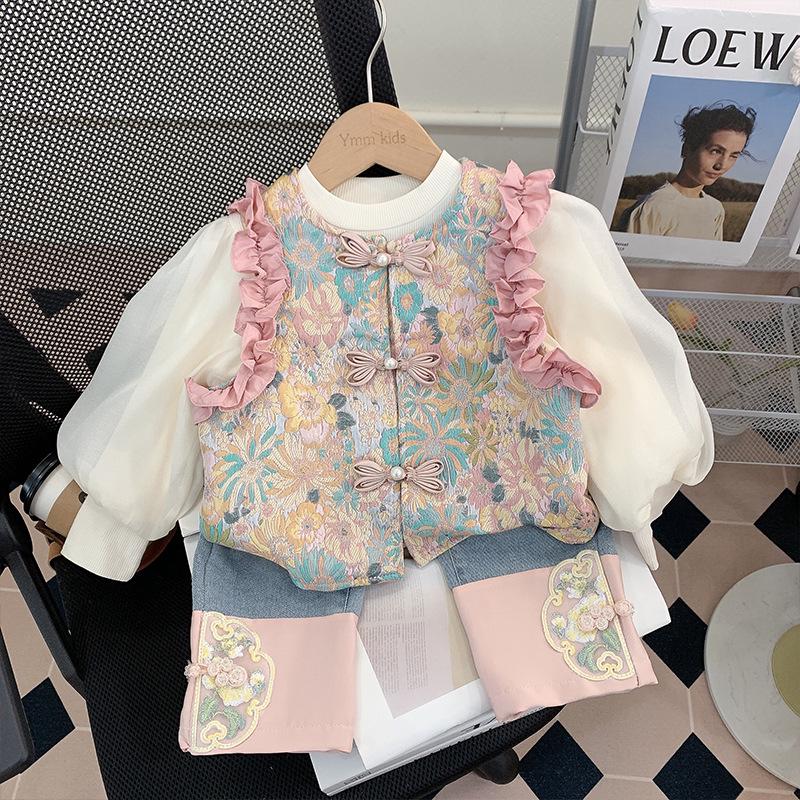 Trzyczęściowy zestaw retro w stylu chińskim dla małych dziewczynek (2025)