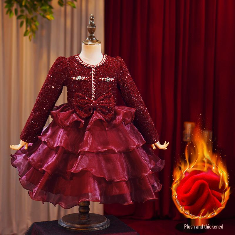 Girls' Wine Red Sequin Skirt with Bow & Tulle - Autumn/Winter Formal Christmas Dress