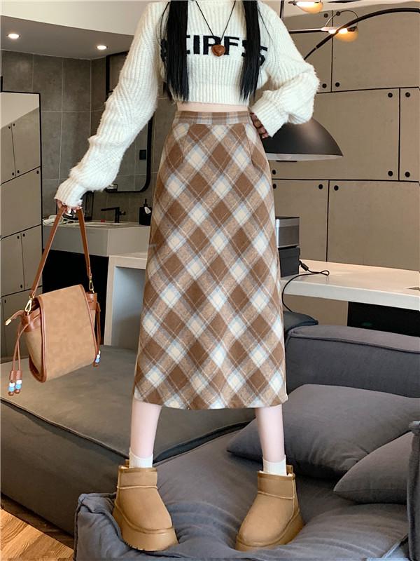 Plus Size Women s High Waist Woolen Plaid Midi Skirt - Korean Winter Style Large