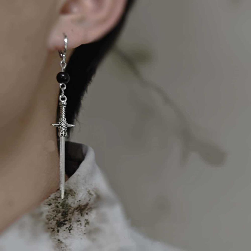 Dark Aesthetics Gothic Sliver Color Cross Sword Pendant Dangle Earrings for Women Halloween Witchcraft Jewelry Rock Accessory