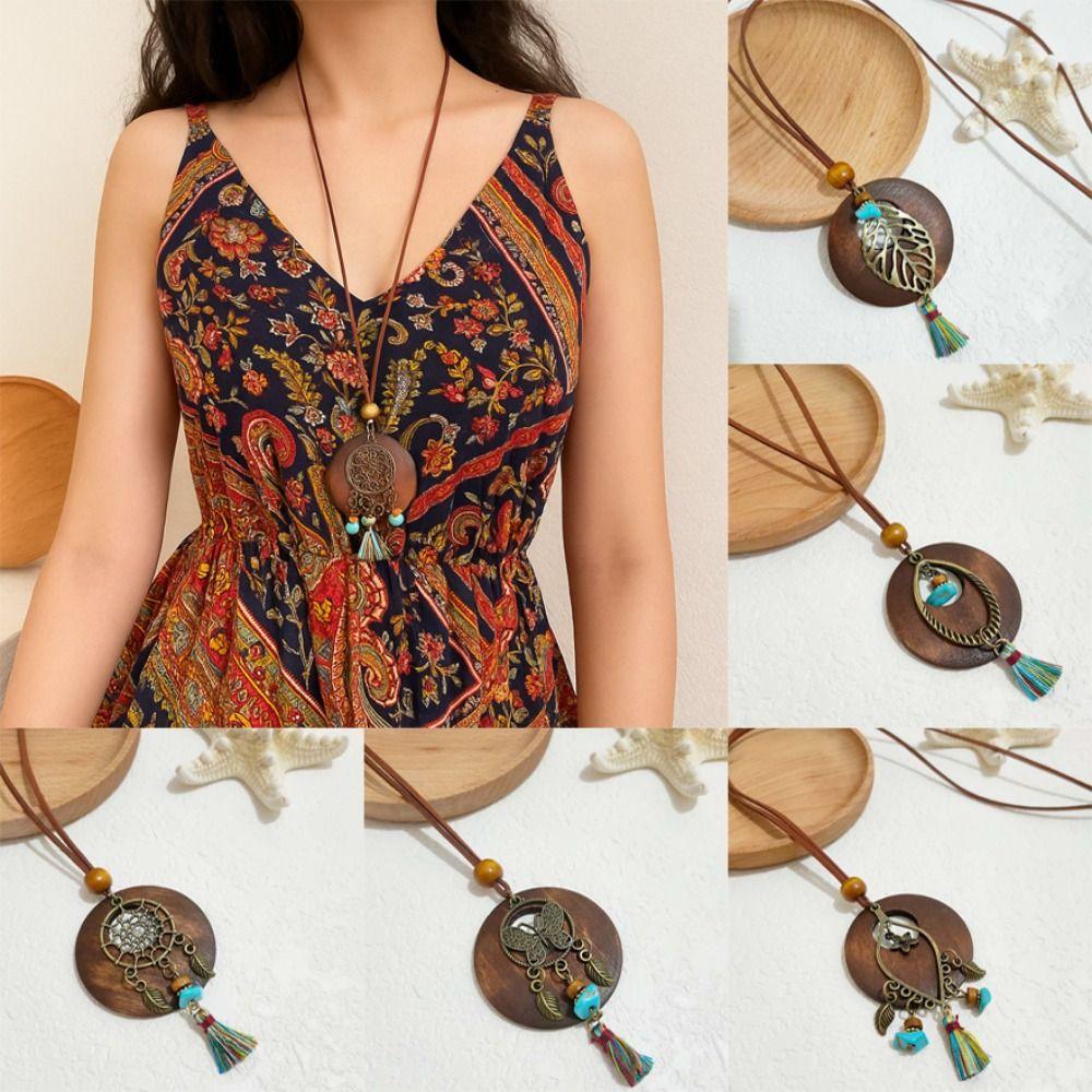 Round Sweater Chain Wooden Necklace Female Jewelry Vintage Leather Lanyard
