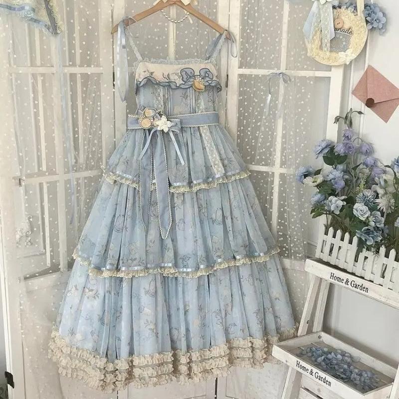 Sweet Lolita Lace Spaghetti Strap Dress Women Elegant Ruffle Trim Princess Long Dress Vintage Floral Tiered Ball Gown Outfit