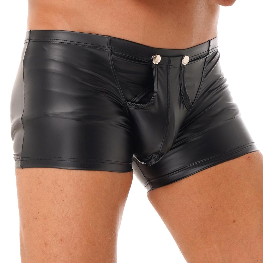 Men's Sexy Underpants Faux Leather Boxer Shorts Underwear with Bulge Pouch Clubwear