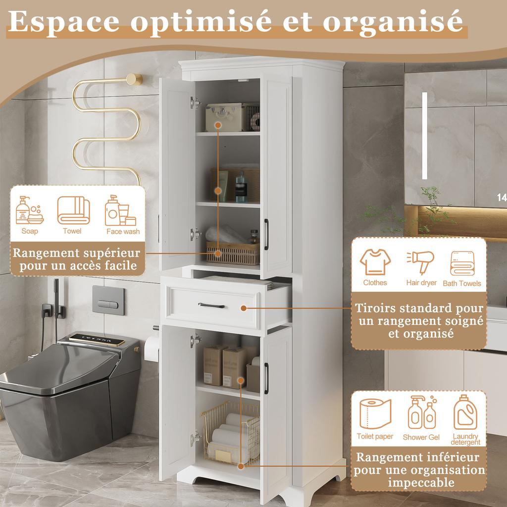 60x40x180 cm, Hoge Badkamerkast, Gelakt, Verstelbare Planken, Uittrekbare Lades, Dubbele Deuren, Anti-Tip, Zwarte Handgrepen, Soft-Close Scharnieren, Wit.