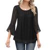 Women's Crew Neck Three Quarter Sleeve Mesh Top Slim Fit Elegant Chiffon Blouse