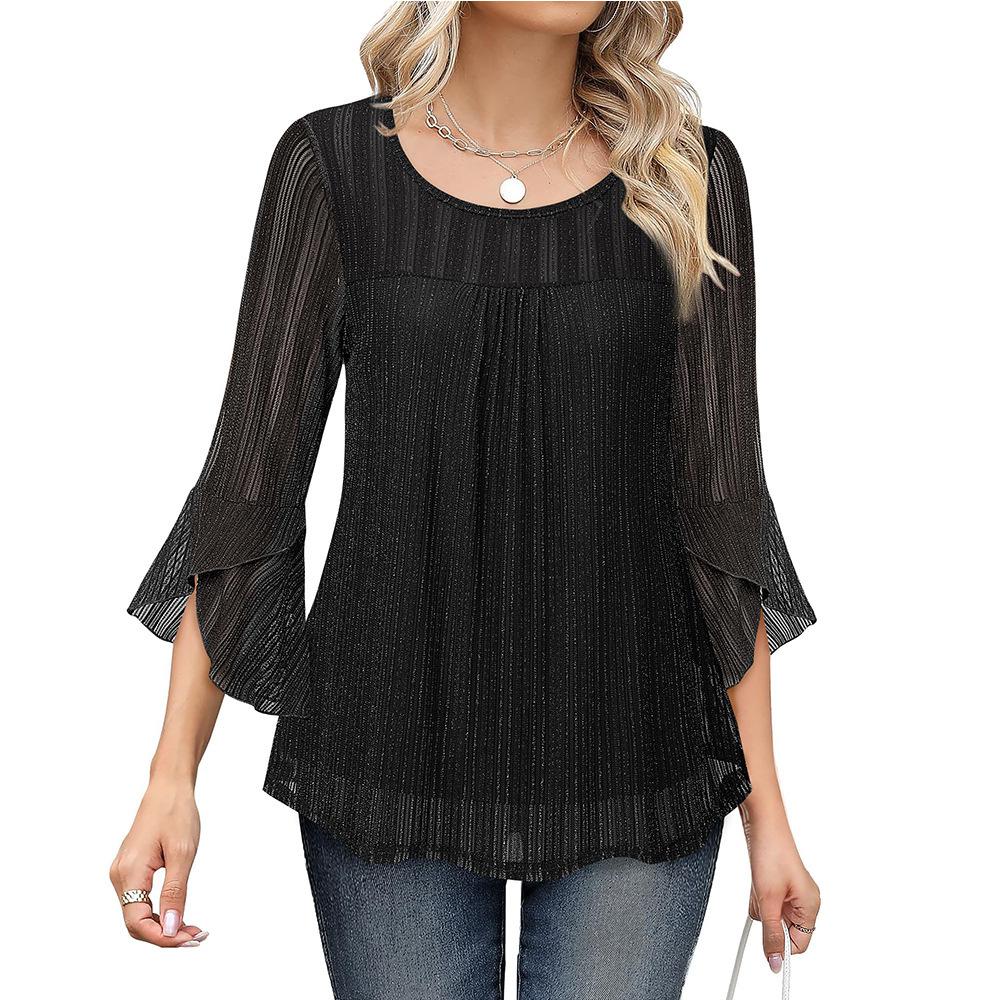 Women's Crew Neck Three Quarter Sleeve Mesh Top Slim Fit Elegant Chiffon Blouse