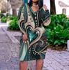 Women Plus Size V Neck Long Sleeve Black White Gray Printed Fitted Straight Hem Dress