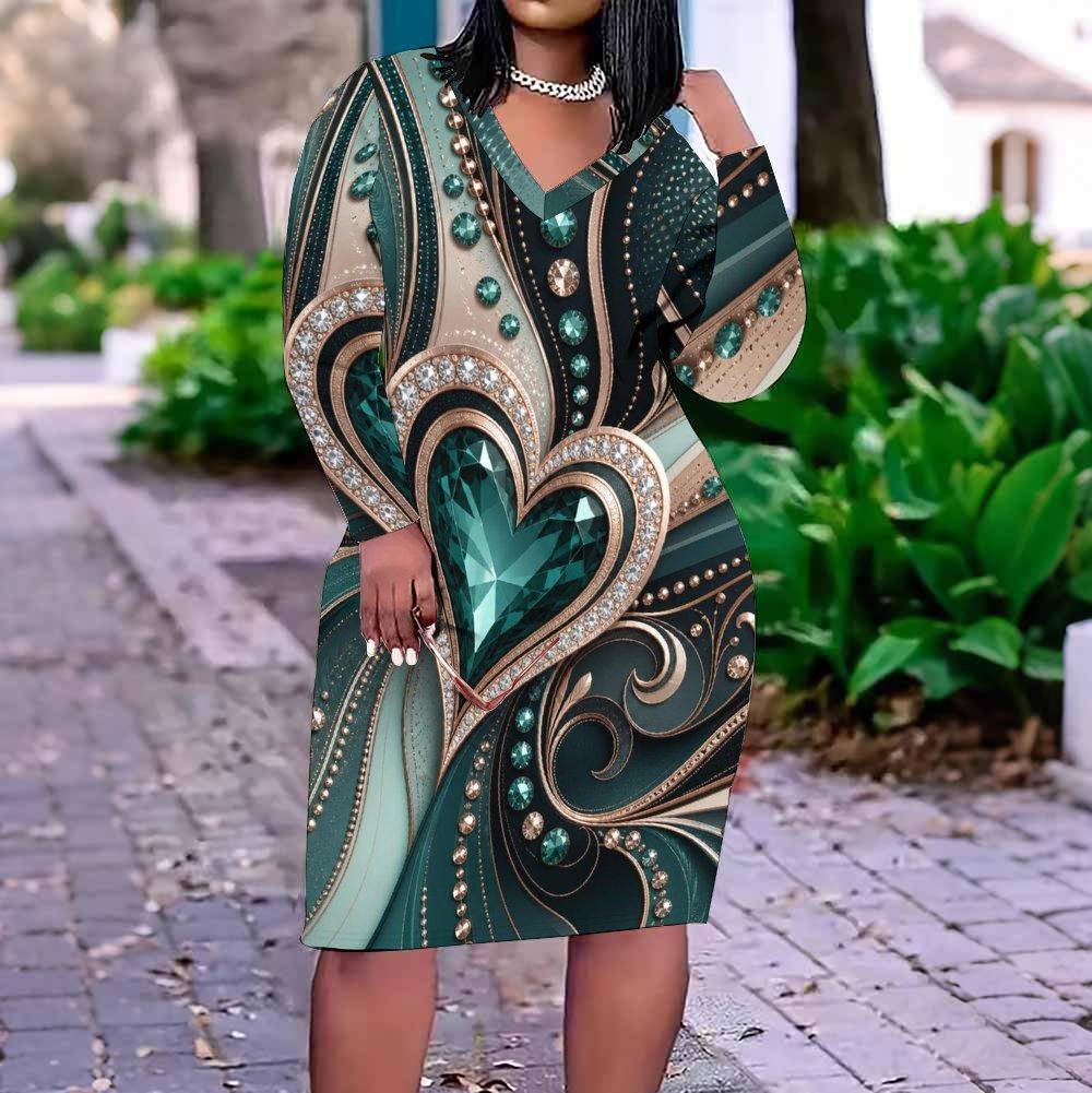 Women Plus Size V Neck Long Sleeve Black White Gray Printed Fitted Straight Hem Dress