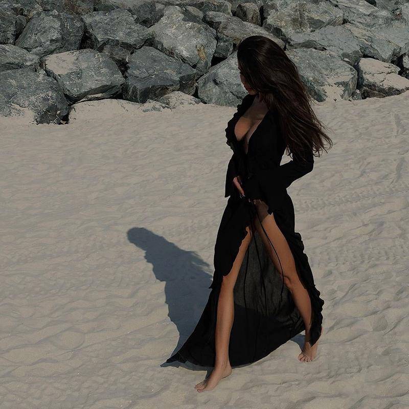 New Sexy V Neck Ruffled Long Sleeve Chiffon Tunic Beach Cover Up Cover-ups Beach Dress Beach Wear Beachwear Female Women