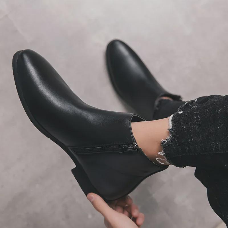 Men's Casual High Top Zipper Boots - Autumn & Winter Fashion, Korean Style, Solid Color Leather.