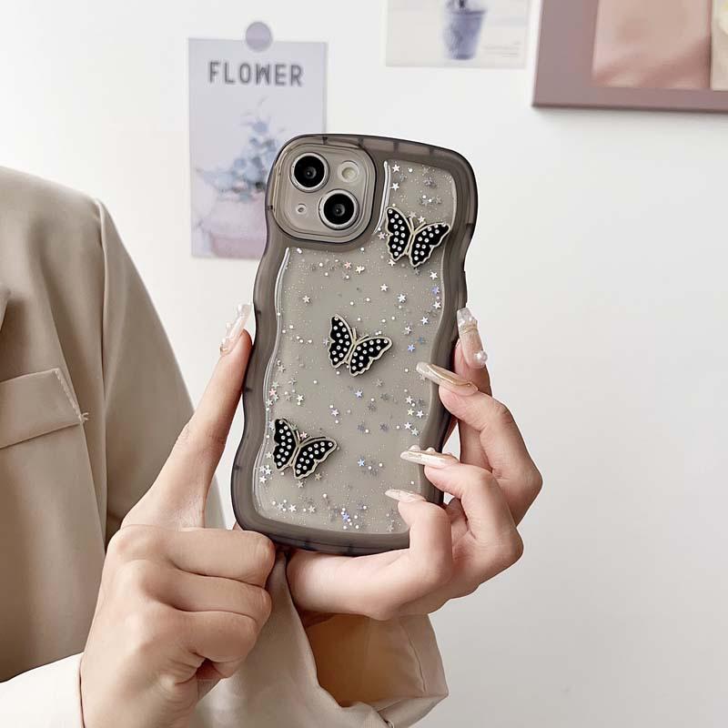 Applicable To Apple 17 Mobile Phone Case, Epoxy Glitter 16 Wavy Butterfly iPhone15 Anti-drop 14 Transparent Protective Case