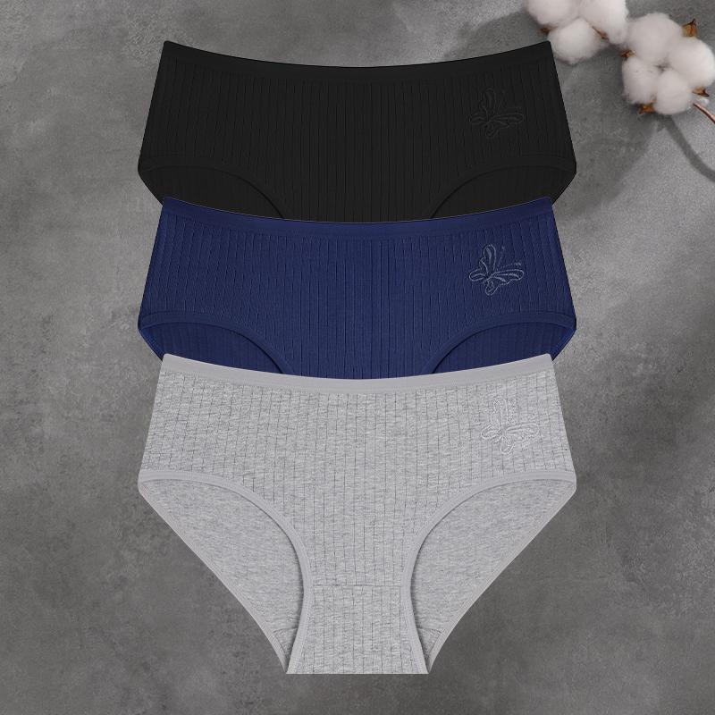 FINETOO 3Pcs/Set Women Cotton Ribbed Mid Rise Briefs Seamless High Quality Butterfly Embroidered Panties Ladies Soft Breathable Lingerie