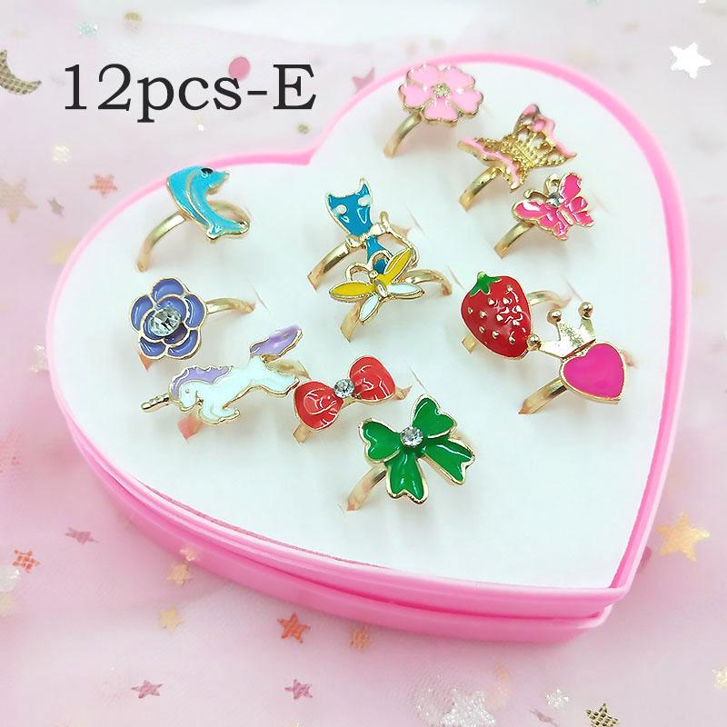 12/36 Pcs Adjustable Alloy Baby Girl Rings with Heart Shaped Box Cartoon Mix Finger Jewellery Rings Kid Girls Toys Random Color