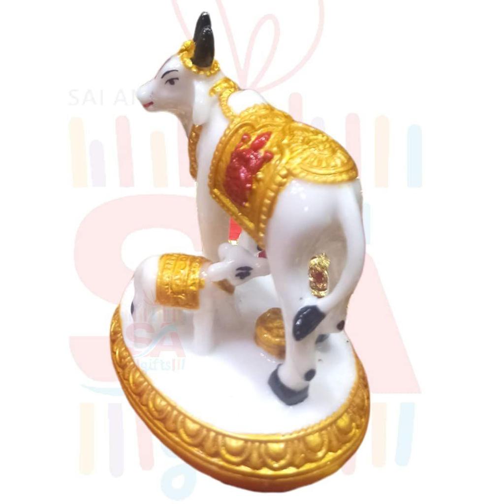 Handicraft Decorative Polystone Cow and Calf Big Statue/Idol for Gift Home Decor 3 inch (White Golden), Religious