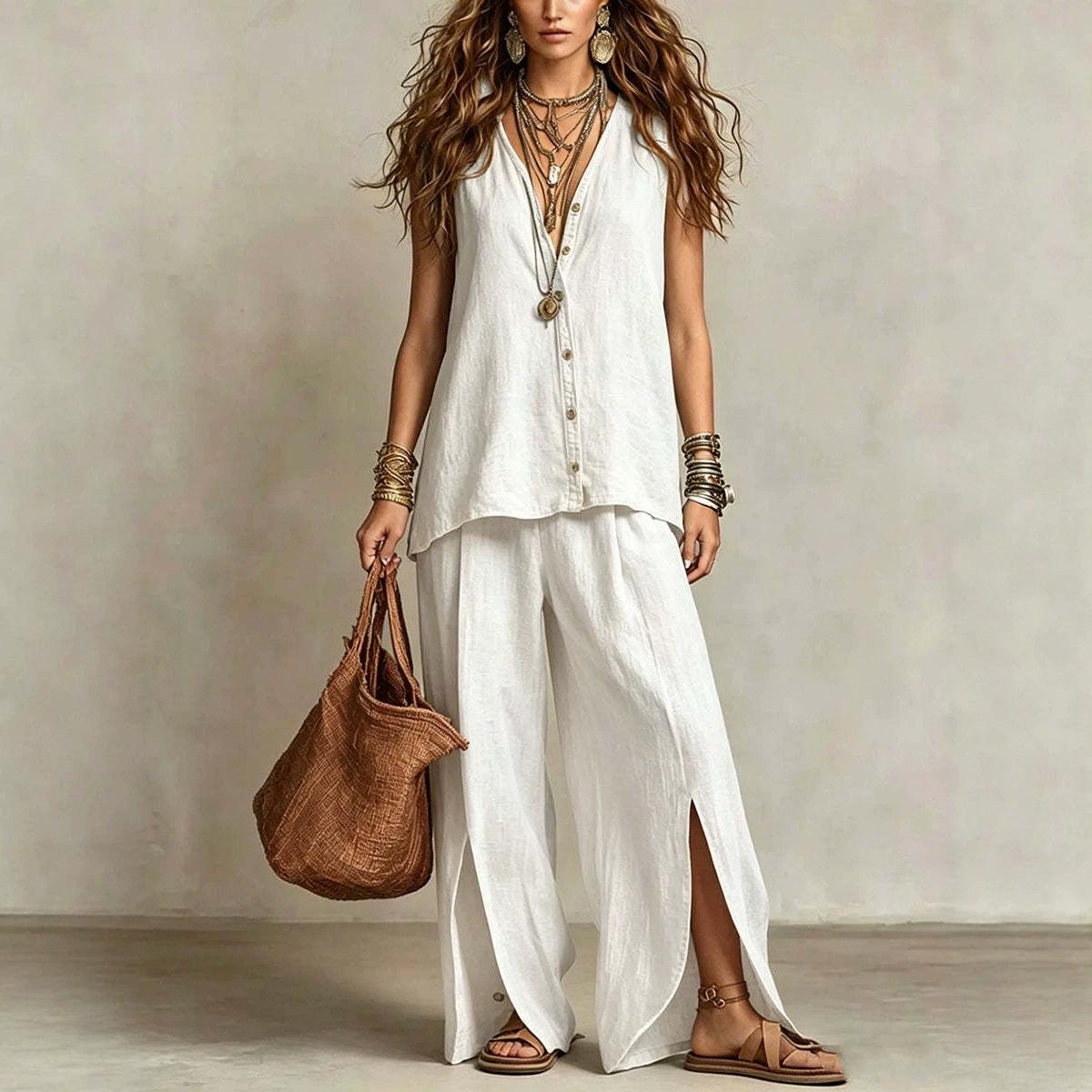 Amazon popular 2026 summer cross-border new foreign trade women s clothing sleeveless trousers shirt loose pants two-piece set S белый