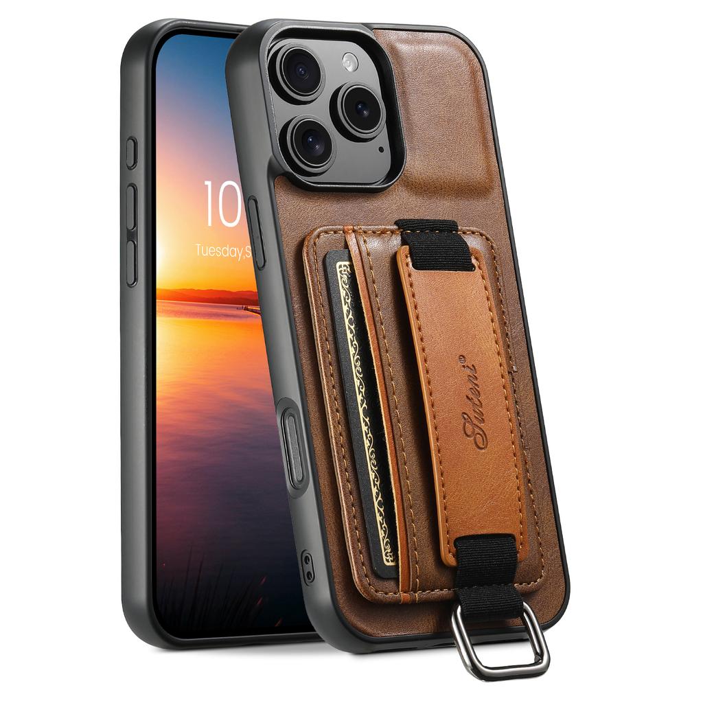 SUTENI H13 For iPhone 16 Pro Max Case Card Holder Wristband Waxy Texture Leather+TPU+PC Cover