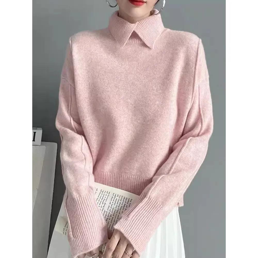 WTEMPO Women Casual Versatile Turn-down Collar Sweater Tops Office Lady Autumn Winter Large Size Solid Color Knitted Pullovers