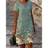 Women Summer Floral Print V Neck Midi Dress Short Sleeve Straight