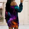 Women Plus Size One Shoulder Long Sleeve Galaxy Print Loose Tunic Dress