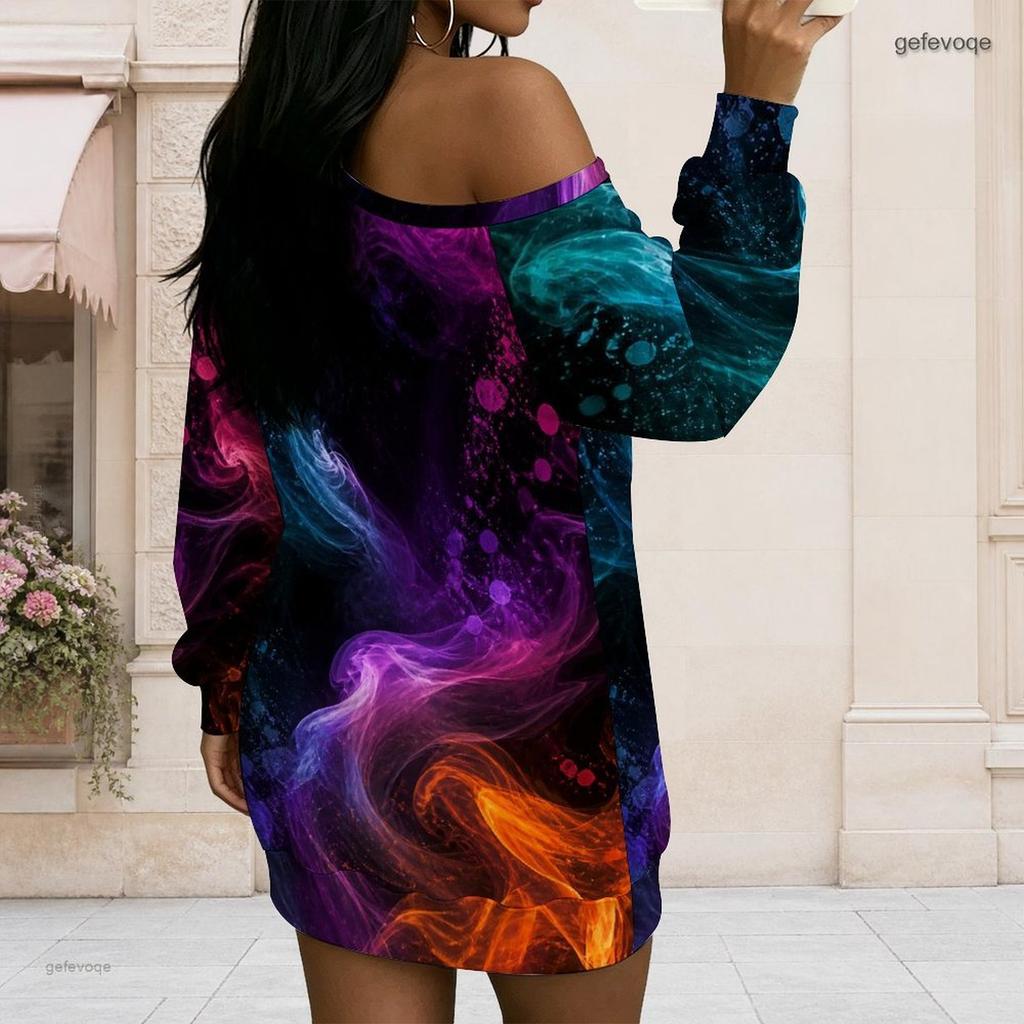 Women Plus Size One Shoulder Long Sleeve Galaxy Print Loose Tunic Dress