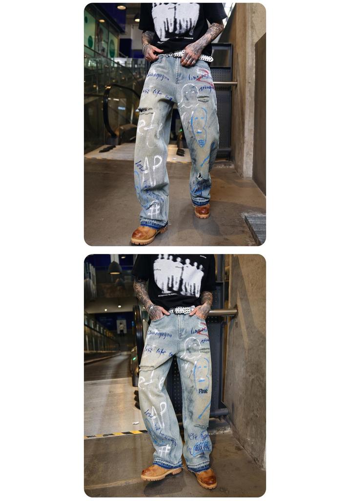 Men's 2025 American High Street Retro Distressed Graffiti Wide-Leg Jeans