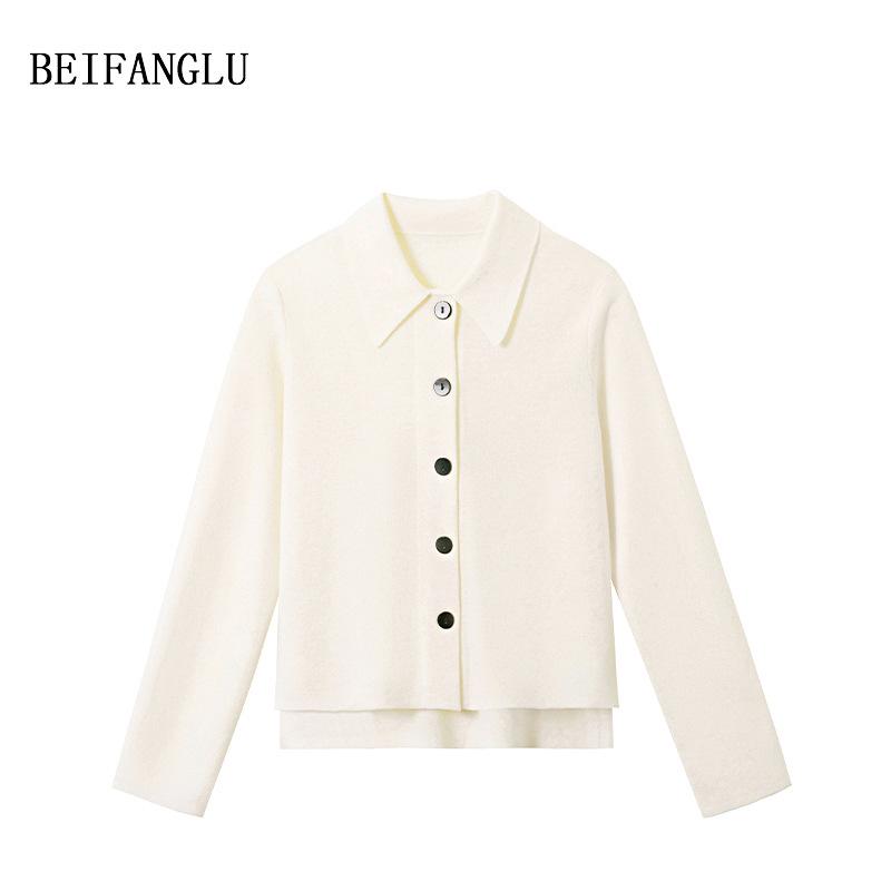 Northern Deer Hexi 100% Combed Wool Polo Collar Knit Cardigan - Early Autumn Elegance