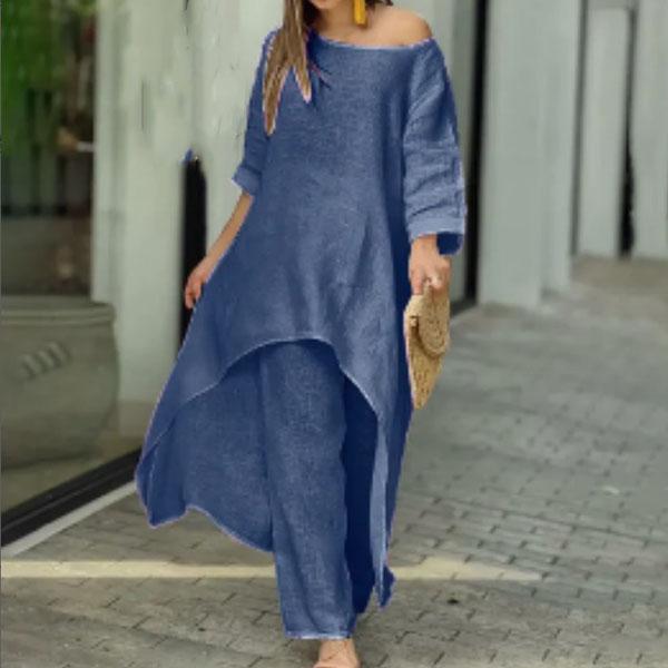 Summer Women Fashion Casual Cotton Linen Suit Irregular Long Sleeve Wide Leg Pants Two-piece Suit Plus Size