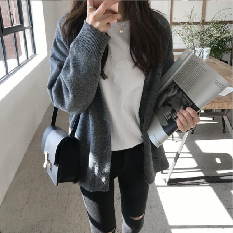 

Casual commuter long-sleeved jacket schoolgirl loose lazy style gray knitted cardigan autumn and winter fashion versatile 48-32 (average size) сірий колір