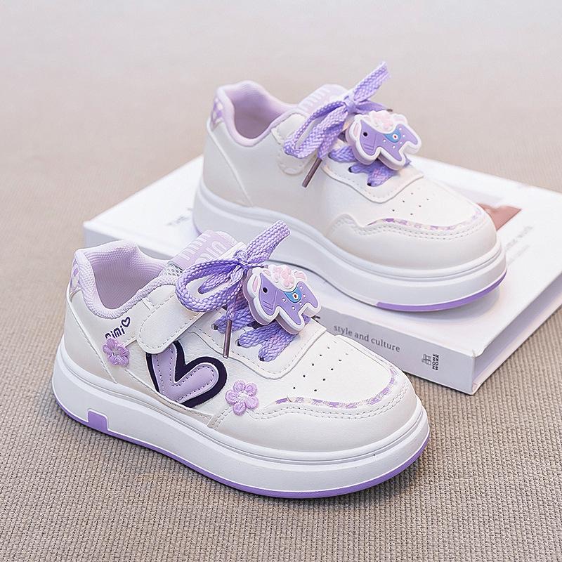 Girls' 2026 Spring Leather Casual White Cartoon Sneakers with Soft Soles