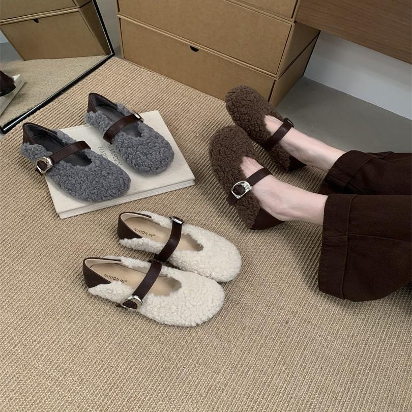 Flat-bottomed wool shoes for women's outer wear 2025 new autumn and winter gentle evening Mary Jane shoes pedal lamb wool cotton shoes