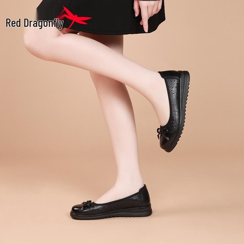 Red Dragonfly Women's Summer Slip-on Leather Sandals – Hollow, Breathable, Casual Shoes for Women and Moms.
