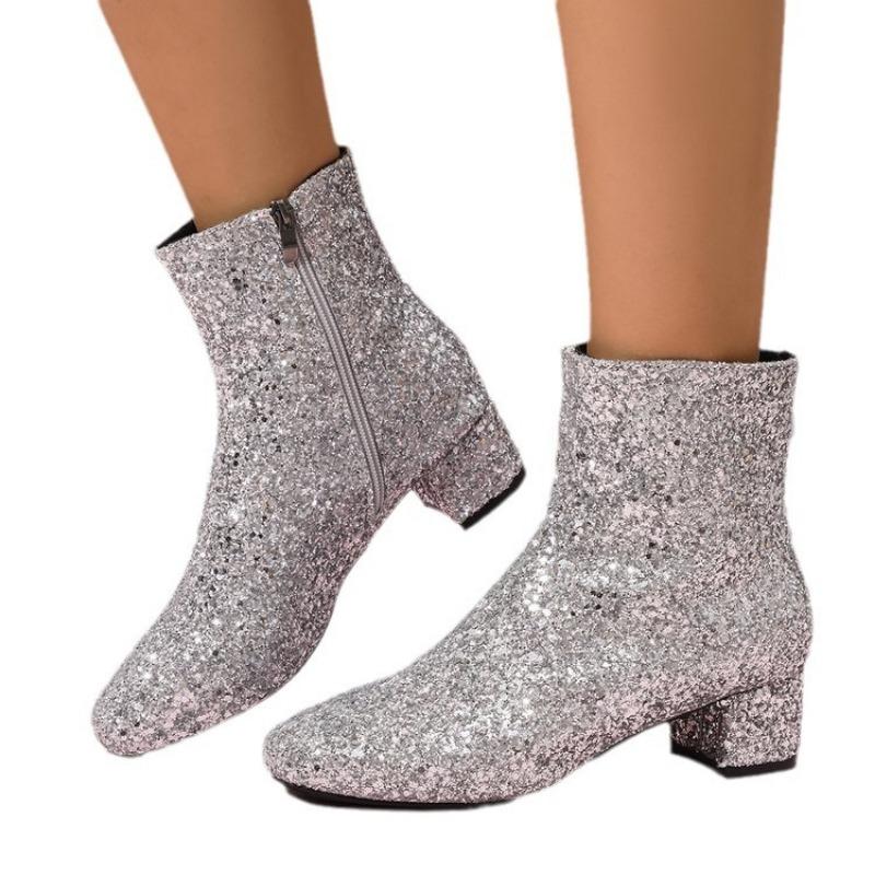Large size medium heel sequined fashion women's boots autumn new side zipper silver versatile fashion boots