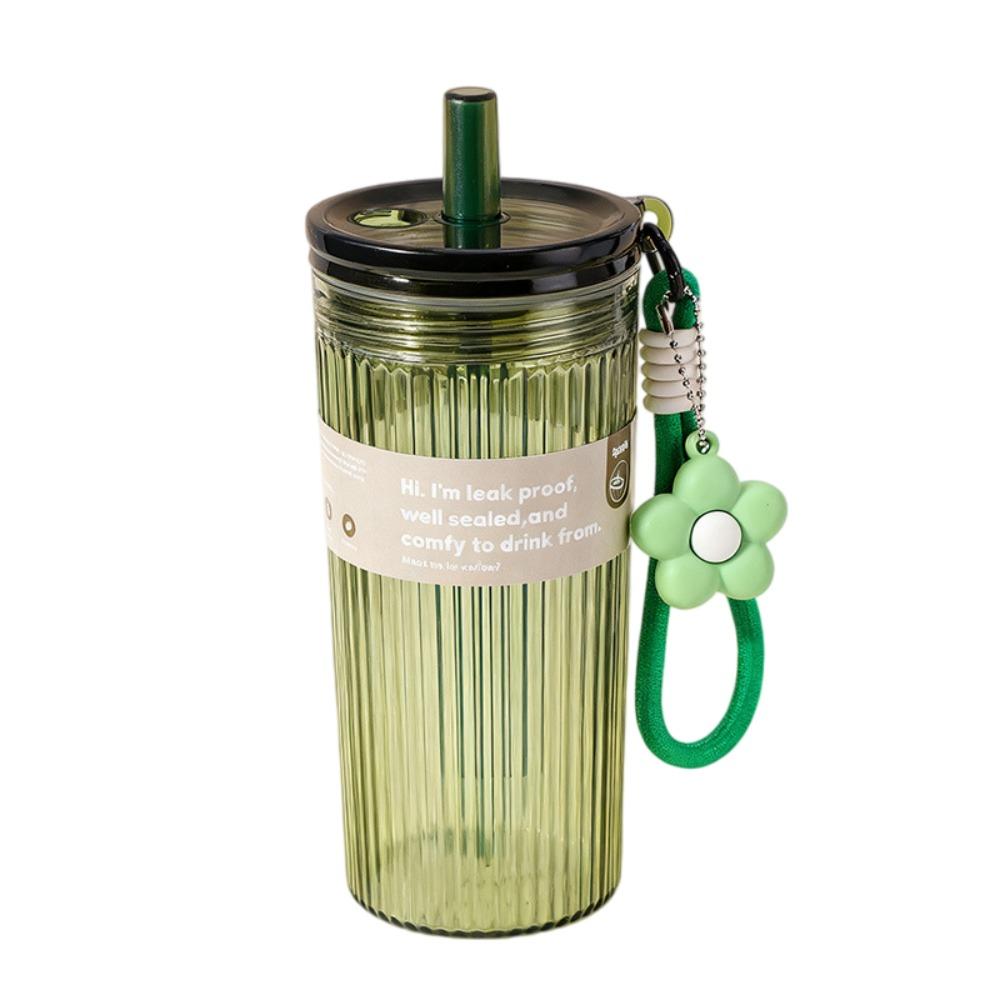 650ML Large Capacity Summer Plastic Straw Cup Leak Proof Transparent Student Water Cup Flower pendant with Lid & Hanging rope