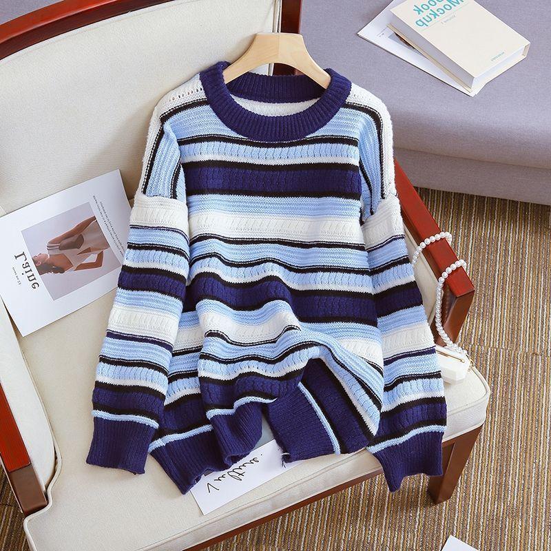Pullover Sweater Women 2023 Autumn Loose Round Neck Design Sense Stripe Flesh Covering Knitted Sweater Pullover Female Tops
