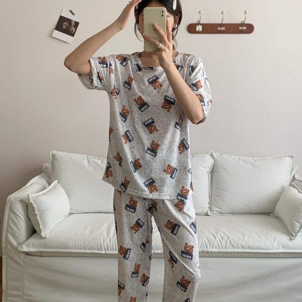 Damen Sommer Cartoon Pyjama Set - Rundhals, Kurzarm, Leichte Hose für Frühling & Herbst