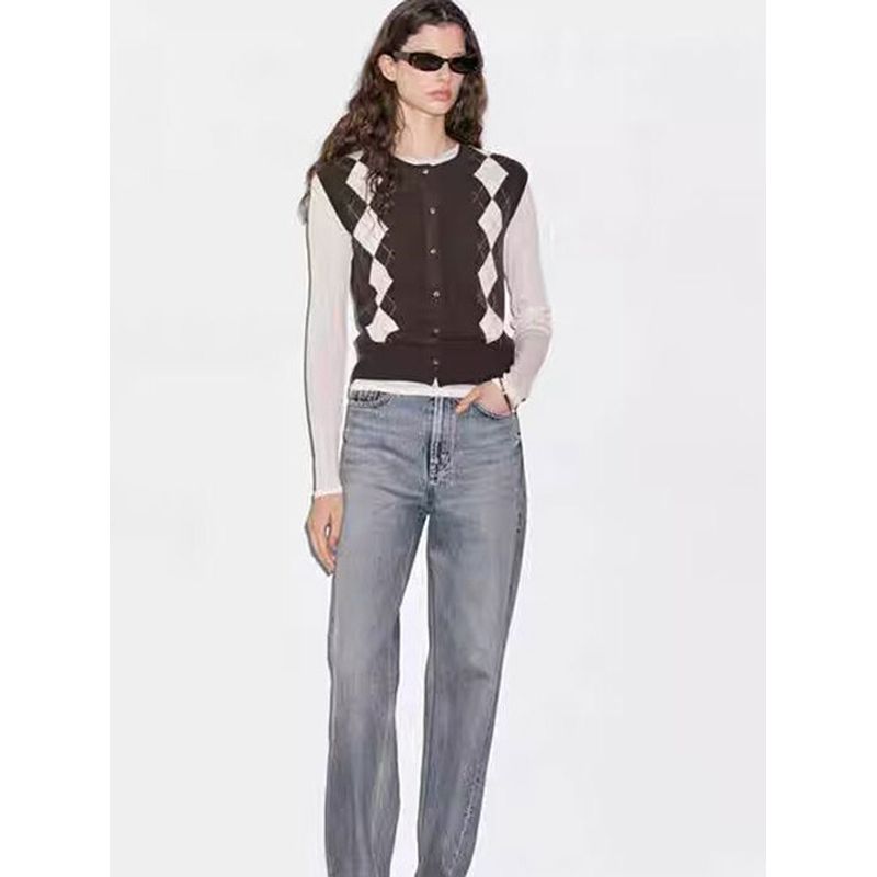 MD Women clothes American Preppy Diamond Plaid Retro round Neck Sleeveless Knit cardigan Vest 05768593717