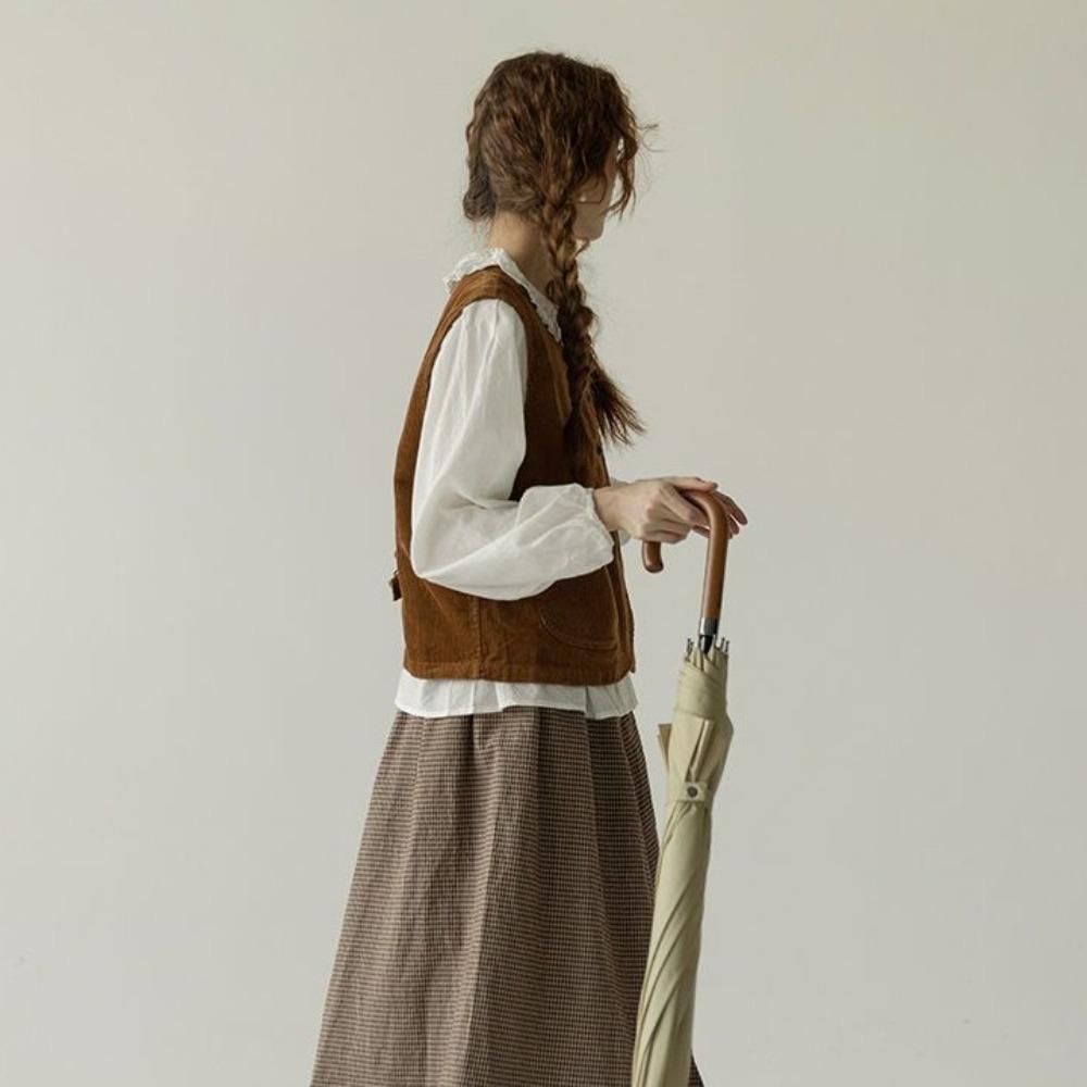 All Match Vintage Corduroy Vests Brown Cropped Sleeveless Jacket Button-up Short Coats  Ladies