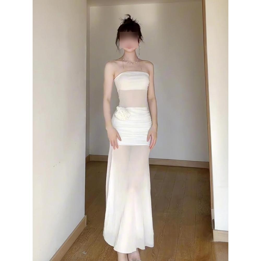 Resort Beach Dress Temperament Hip Length Skirt White Mesh Bandeau Dress Women's Summer