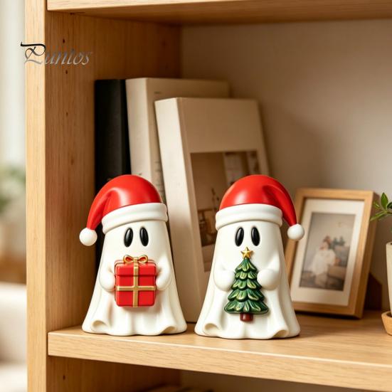 Handcrafted Resin Ghost Statues Christmas Figurine, Cute with Santa Hat Holding Gift Box Modern Minimalist Holiday Decor & Tree, Tabletop Ornament,