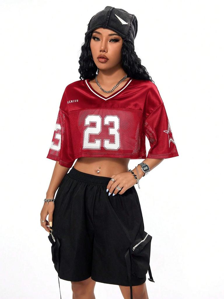 Maglia da Calcio da Donna con Scollo a V a Maniche Corte, Vestibilità Larga, in Rete, Stampa di Numeri e Lettere, T-shirt Oversize, Streetwear Y2K, Top Sportivo Casual Estivo