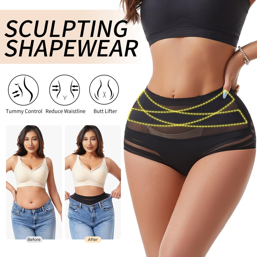 High Waisted Invisible Tummy Control Shapewear Panties for Women Stripe Lace Panty Ladies Underwear Shaping Briefs Slimming Underwear