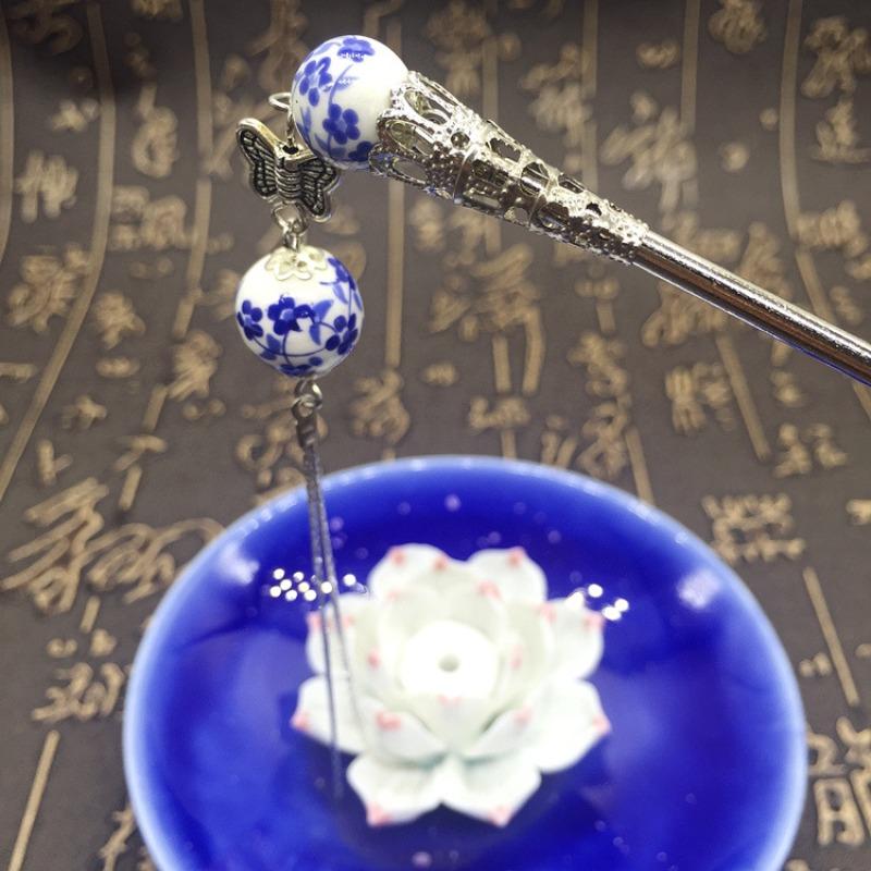 Blue and White Ceramic Fringed Hairpin Niche Design Step Hairpin Hairpin Women's Literary and Antique Earrings