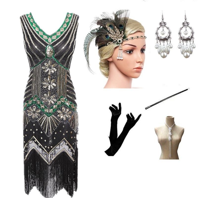 Large Size S-4XL Vintage Dress, Sequined Evening Dress Banquet 1920 Set
