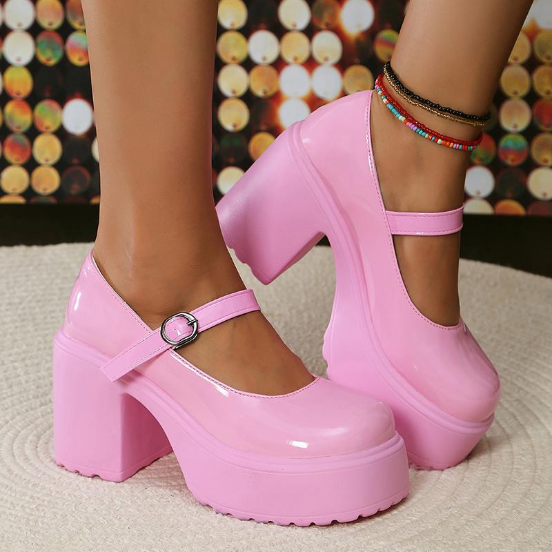 

модные туфли Мэри Джейн на толстой платформе Y2K, женские туфли на очень высоком каблуке, лакированные туфли-лодочки, женские туфли на толстом каблуке с пряжкой на щиколотке для вечеринок 42 34 розовый